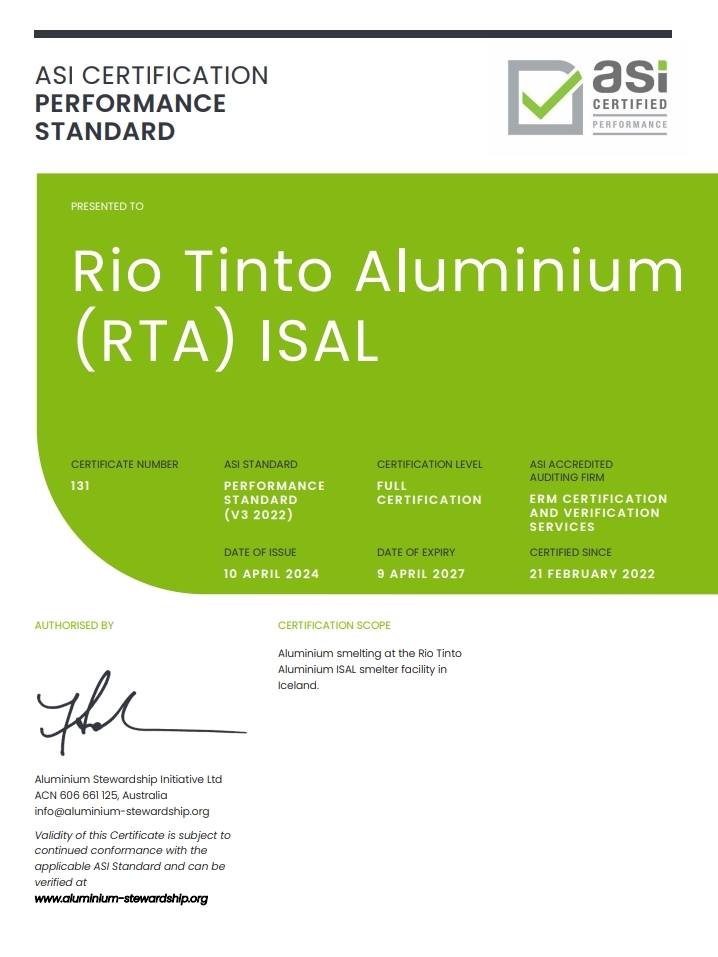 力拓公司冰岛铝冶炼厂通过铝业管理倡议ASI绩效标准V3再认证